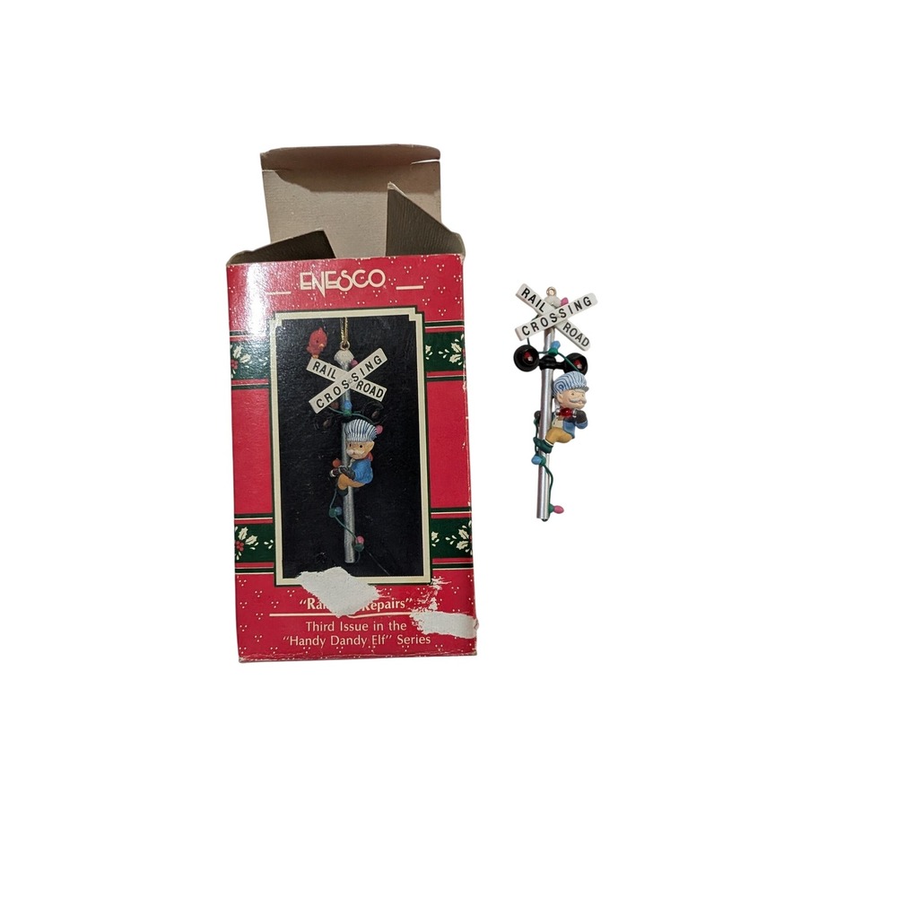 Enesco Railway Repairs Handy Dandy Elf Railroad Crossing Christmas Ornament 1991